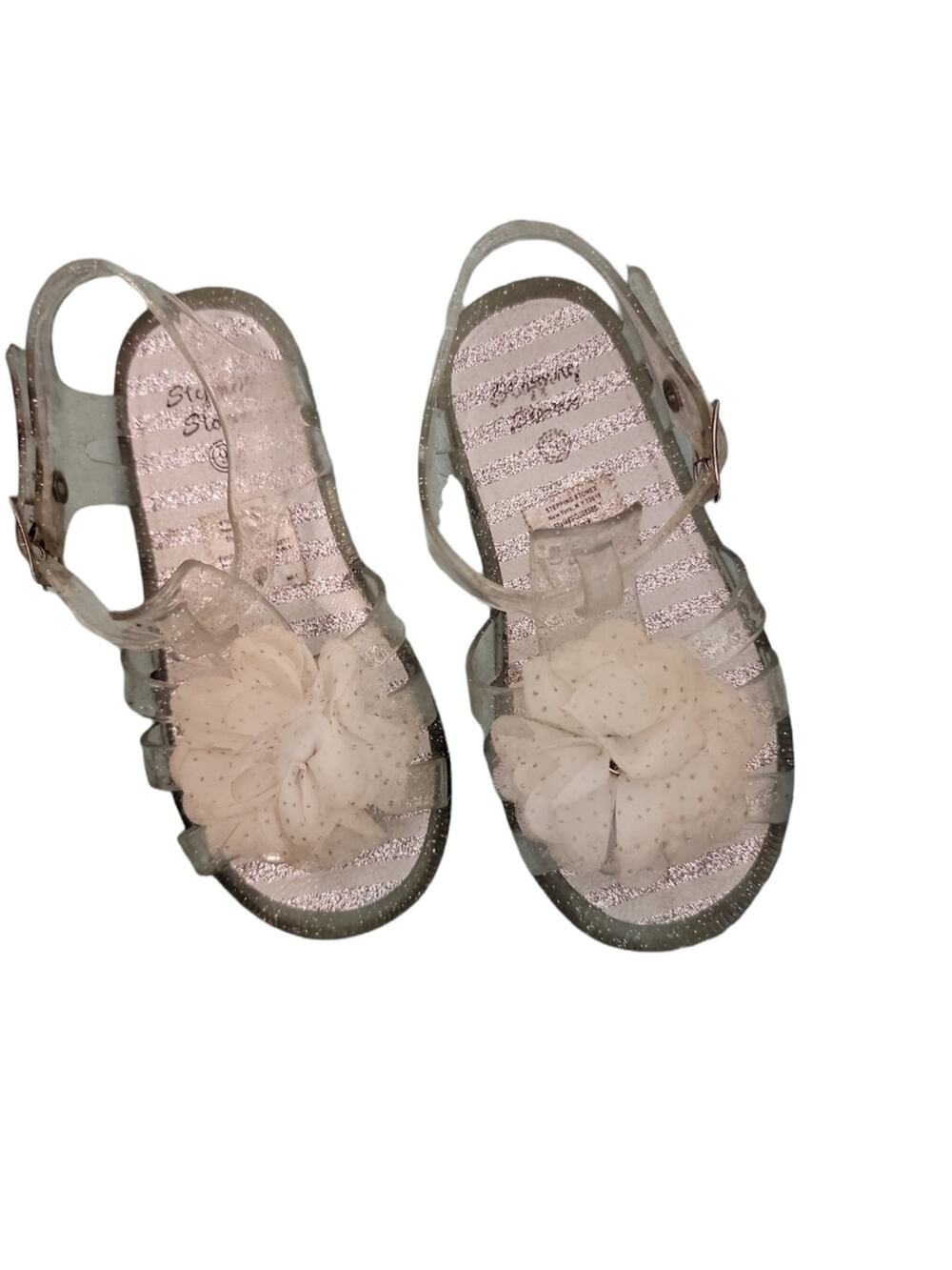 Stepping Stones Clear Plastic Sandals w/ White Flower on Top Sz 9